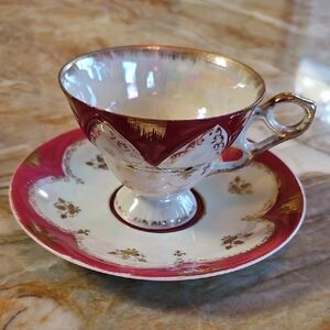 Vintage Elegant Red and Gold Teacup and Saucer Set